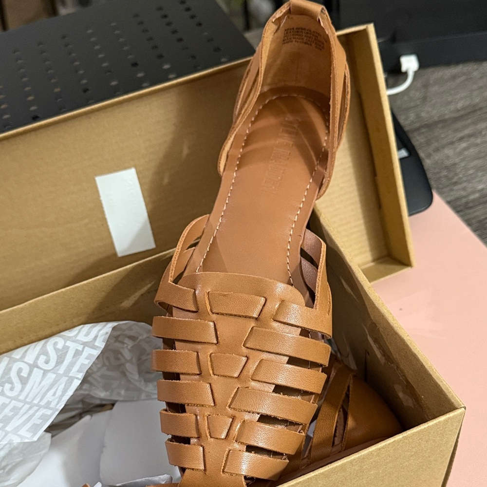 Steve Madden Tan Woven Leather Flats with Ankle Strap